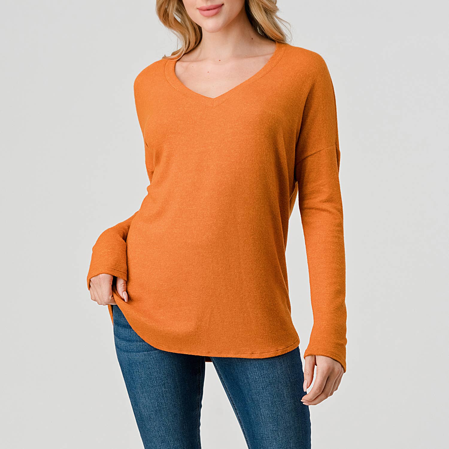 Heimious - Wholesale Knit Top - Women's - Long Sleeve V-neck Brushed Knit Top, 273850