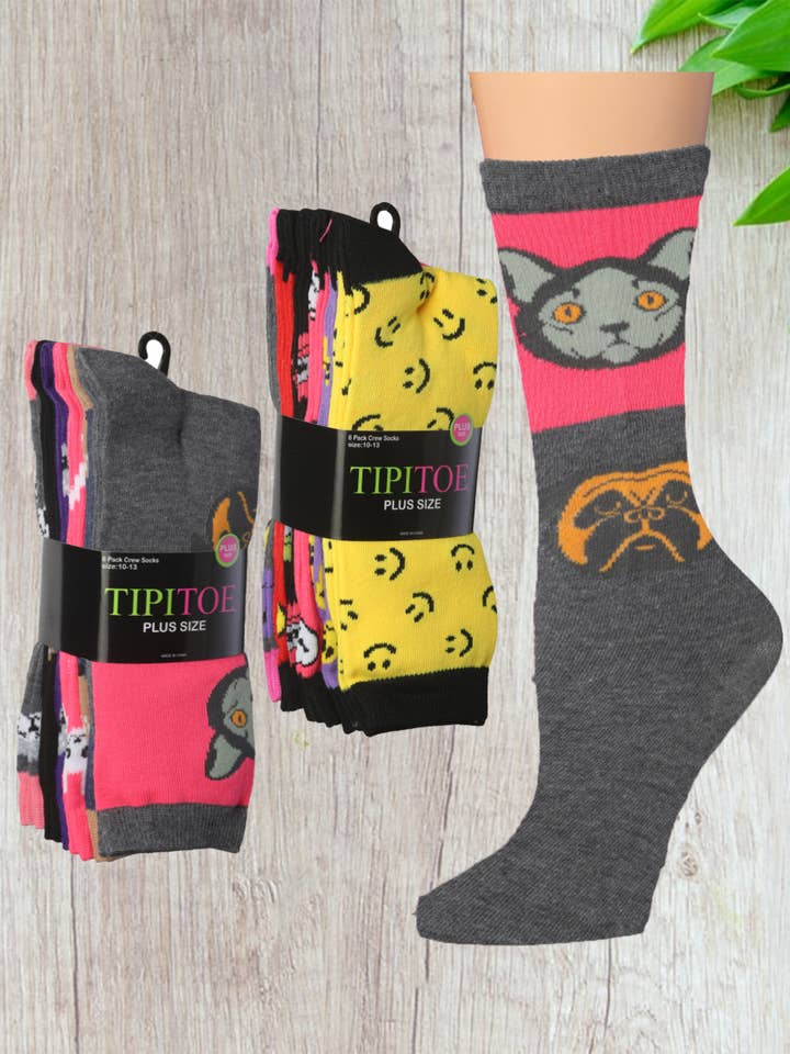 Isadora, Tipi toe, & James Fiallo - Wholesale Socks - Women's - Women's Tipi Toe 6 Pack Plus-Size Cute Crew Socks2