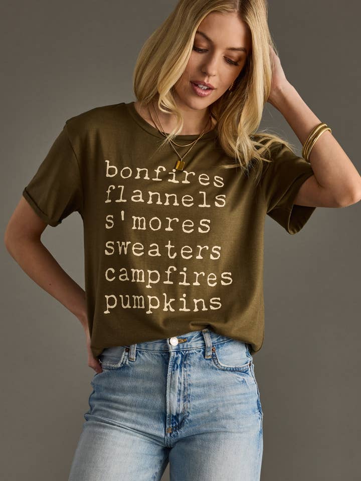 Bonfires, Flannels, S'mores Tee - Olive for wholesale by Panache Apparel Co.