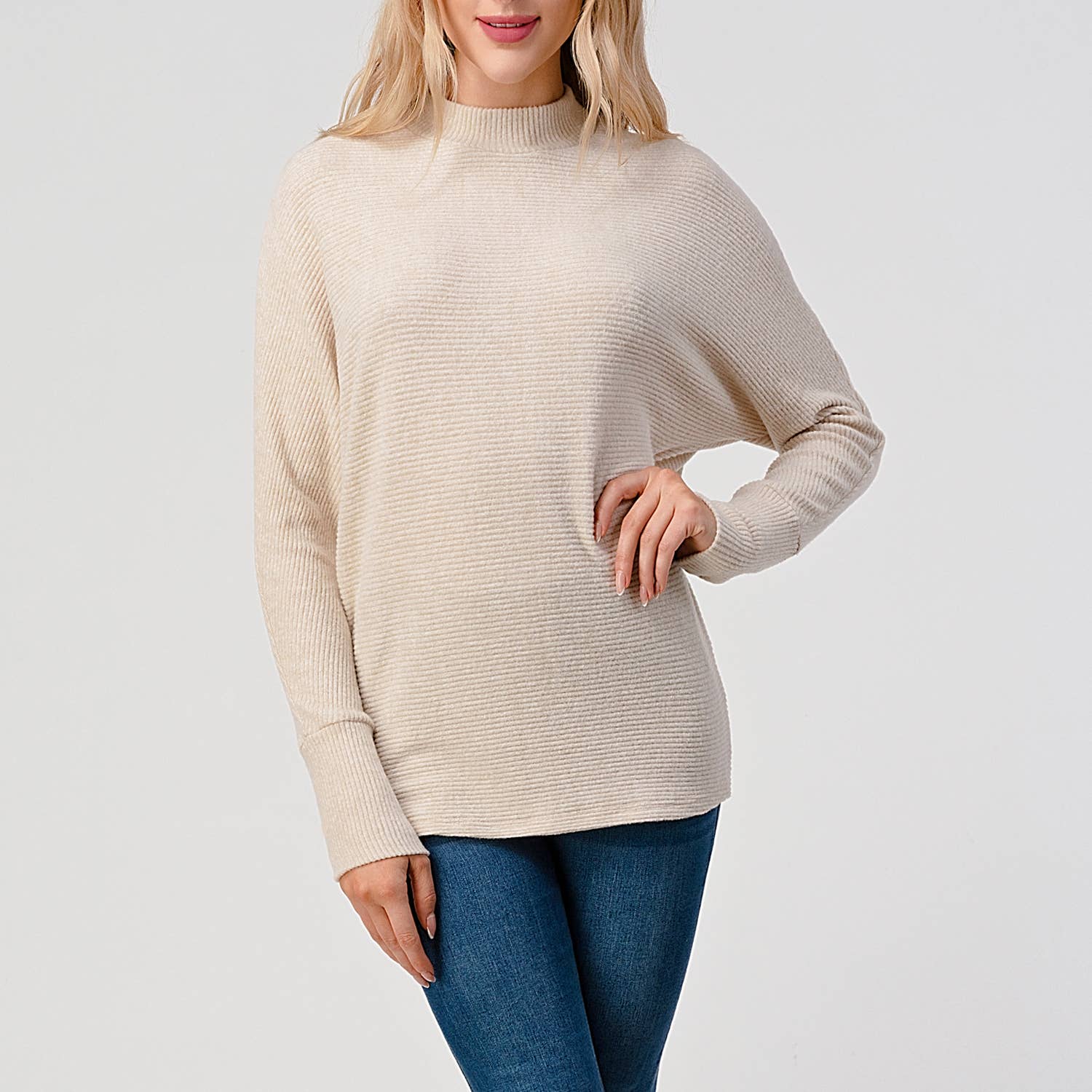 Heimious - Wholesale Knit Top - Women's - Mock Neck Long Dolman Sleeve Ribbed Knit Top, T26158