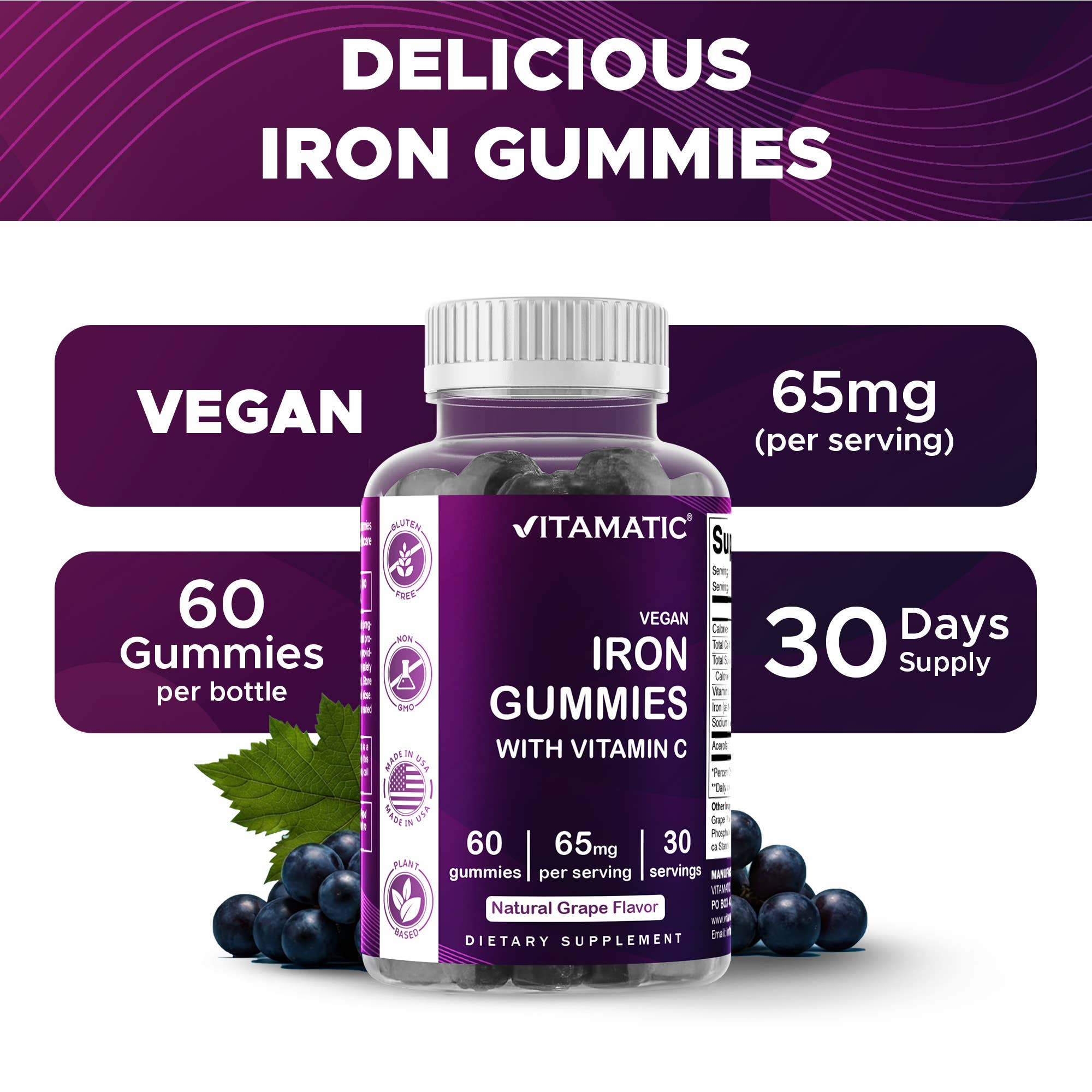 Vitamatic - Wholesale Oral Supplement/Vitamin - Vitamatic Iron Gummies for Women & Men - 60 Vegan Gummies3