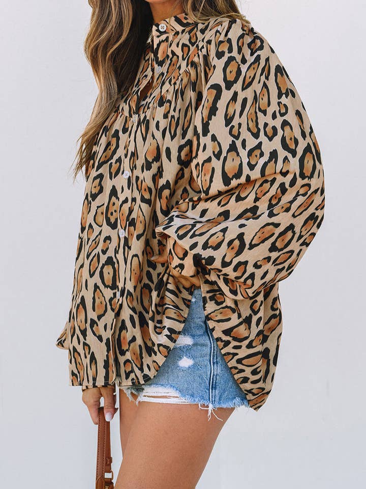 LALA LOO - Wholesale Button Down Shirt - Women's - Leopard Balloon Sleeve Buttoned Shirt2