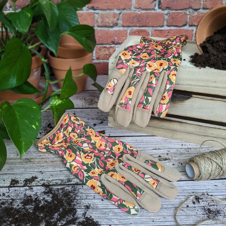 Robert Frederick Ltd - Wholesale Tuinhandschoenen - Willow & Belle tuinhandschoenen - mosterd en roze bloemen