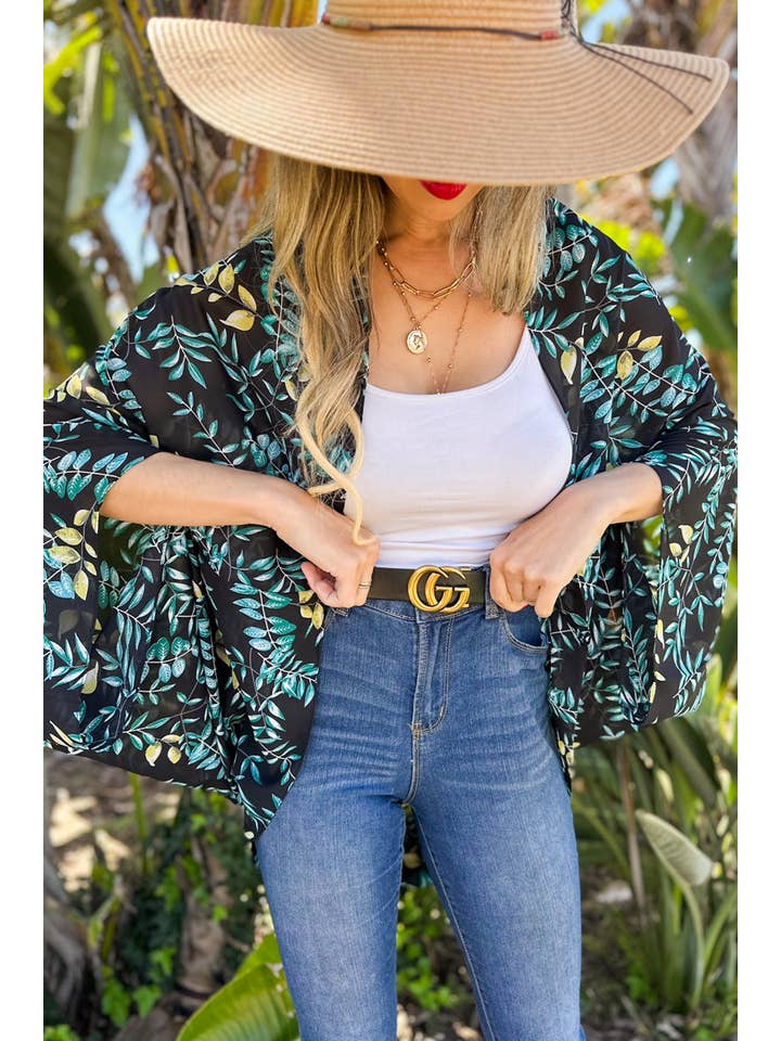 Schwarz Multi Schwarzer Chiffon-Kimono-Überzug mit mehrblättrigem Aufdruck für den Großhandel auf Faire2