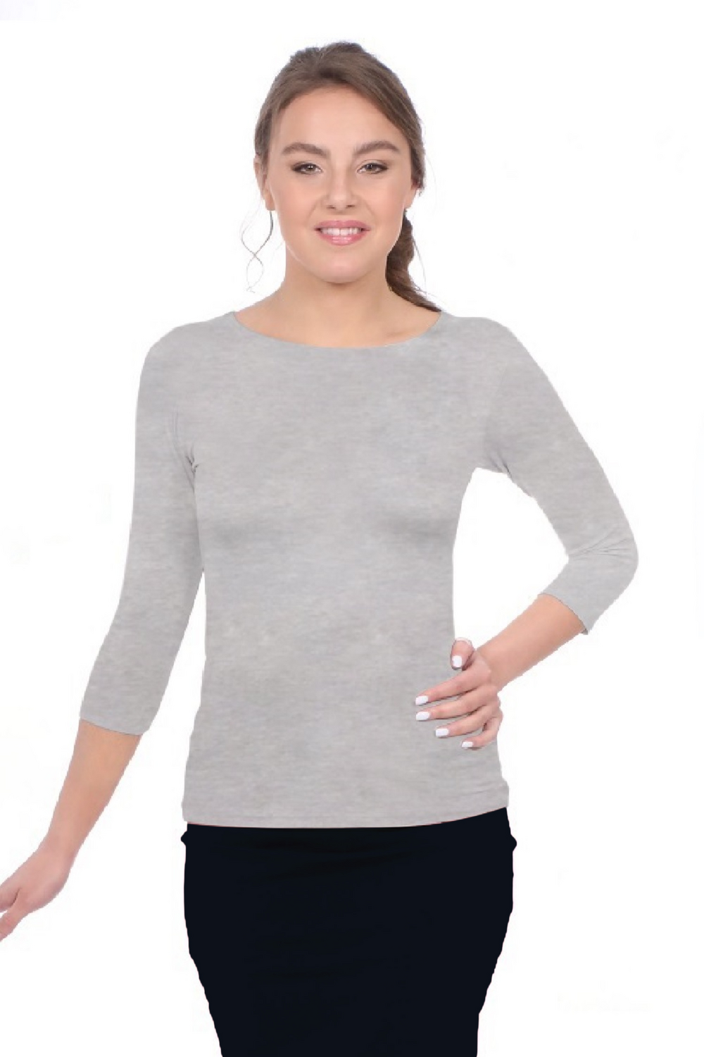 Kosher Casual - Wholesale T-Shirt - Women's - Fitted 3/4 Sleeve Layering Shell - High Round Neckline Slim-Fit Undershirt2
