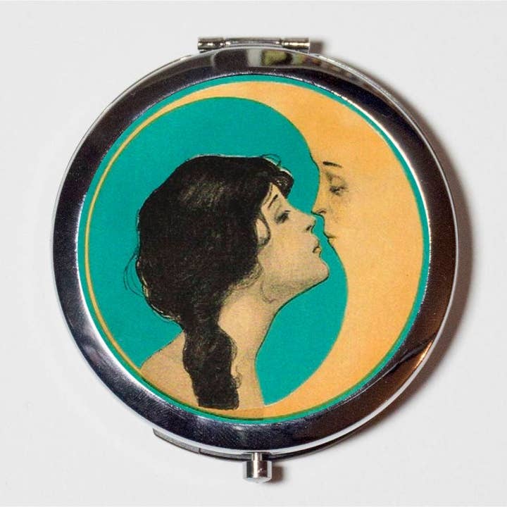 FringePop - Wholesale Compact Mirror - Moon Kiss Compact Mirror - Romantic Man in the Moon Kissing Art Nouveau - Make Up Pocket Mirror for Cosmetics