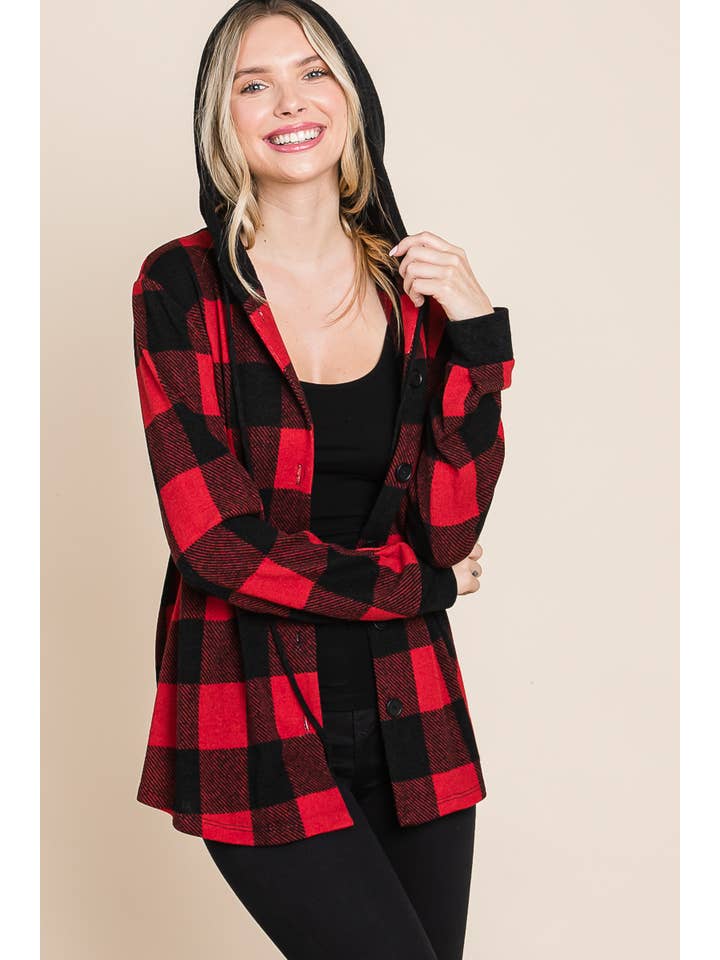 Red Black ETK-8622-PL Plus Size Buffalo Plaid Button Up Jacket for wholesale on Faire