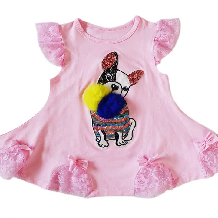 Robe trapèze à pompons avec sequins roses et bouledogue français pour la vente par Wenchoice