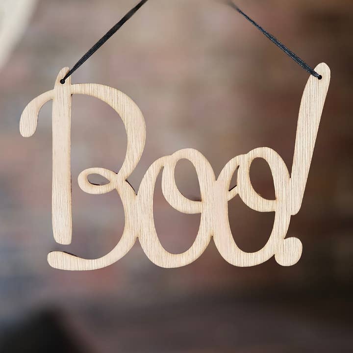 'Boo!' Large Hanging Wooden Halloween Door Sign for wholesale by Nest
