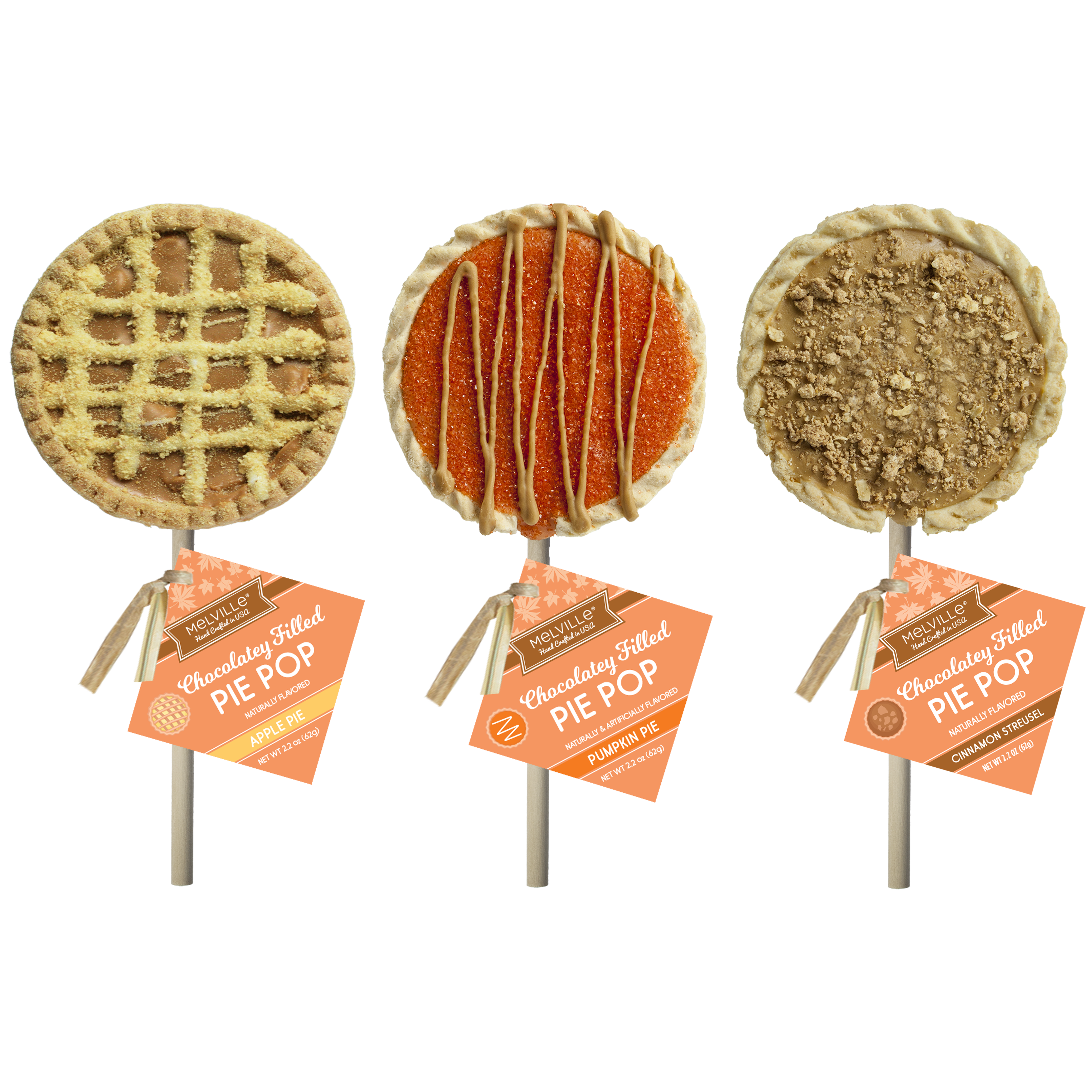 Melville Candy Company - Wholesale Chocolate Covered Sweets - Fall Flavored Pie Pops - Apple, Pumpkin Spice, Cinnamon Streusel0