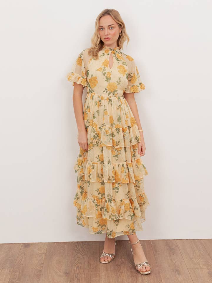 Anaya With Love Recycled Yellow Floral Print Short Sleeve Tiered Midaxi Dress for wholesale by Plaza Collection Ltd