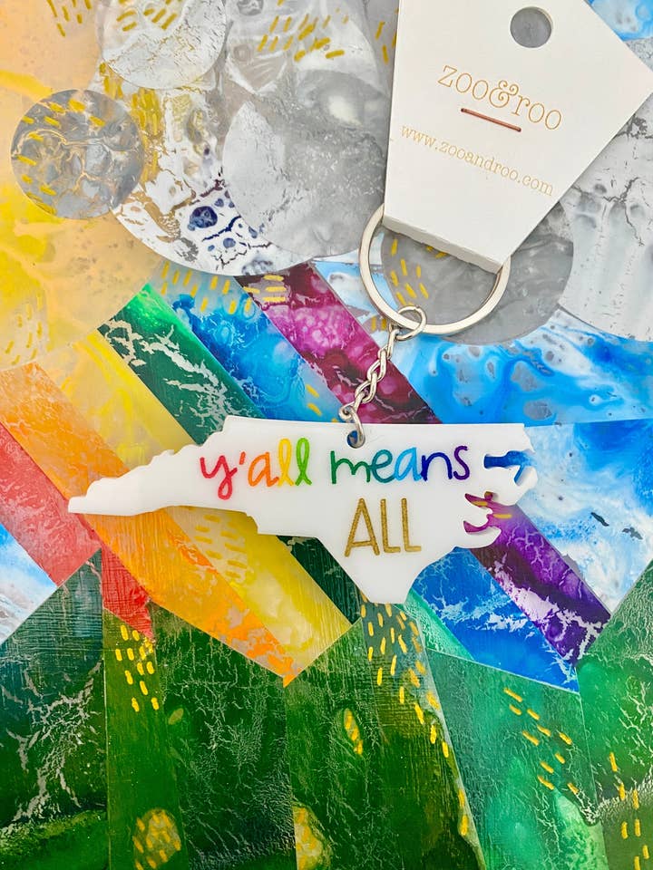 Y'all Means All Hand Painted Handmade Acrylic Pride Keychain for wholesale by zoo&roo