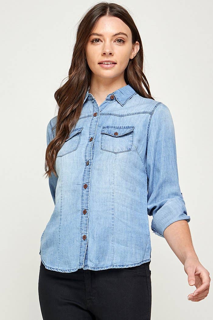 BLUE AGE - Wholesale Button Down Shirt - Women's - Chambray Denim Shirt with 2 Pockets1