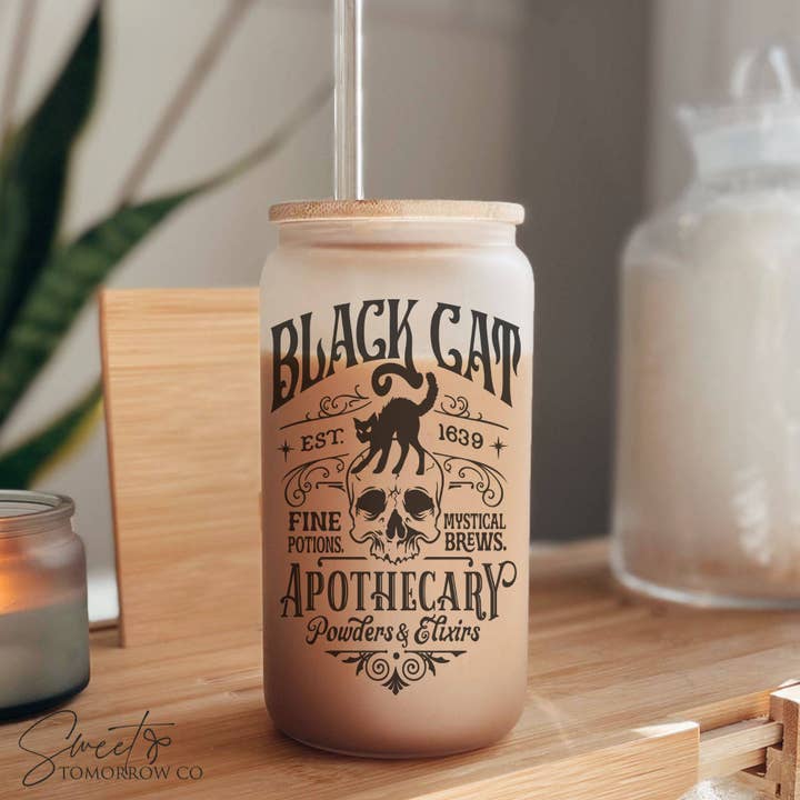 Black Cat Potions Libbey Beer Glass Witchy Halloween Tumbler for wholesale by Cataleya Designs Studio LLC