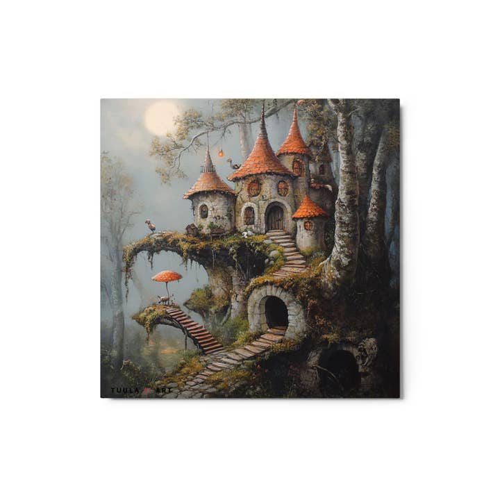 Impressions d'art en métal de forêt enchantée fantaisiste 12" x 12" – Art mural de contes de fées pour chambre d'enfant pour la vente par Art by Tuula