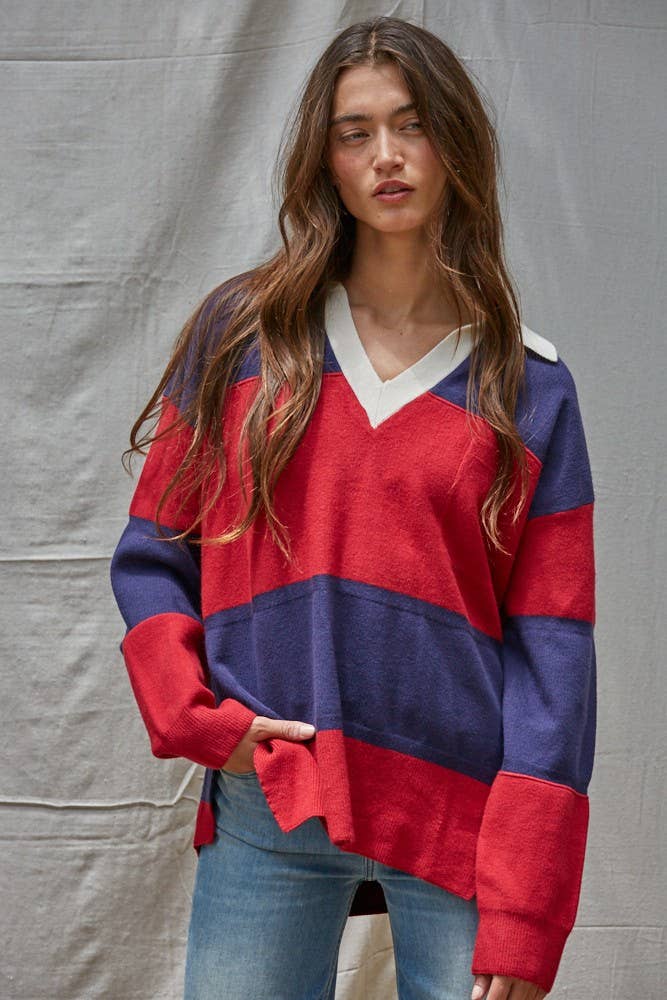 Navy Red W2225 | Knit Sweater Collared Rugby Pullover Top for wholesale on Faire0