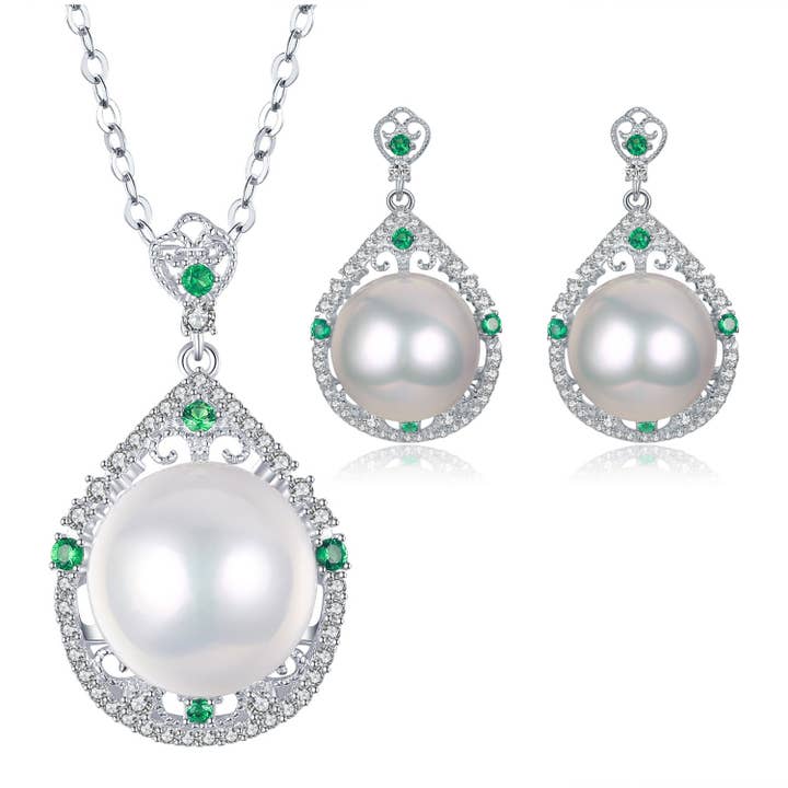 Katherine Edison Pearl Earrings & Necklace Set for wholesale by Timeless Pearl