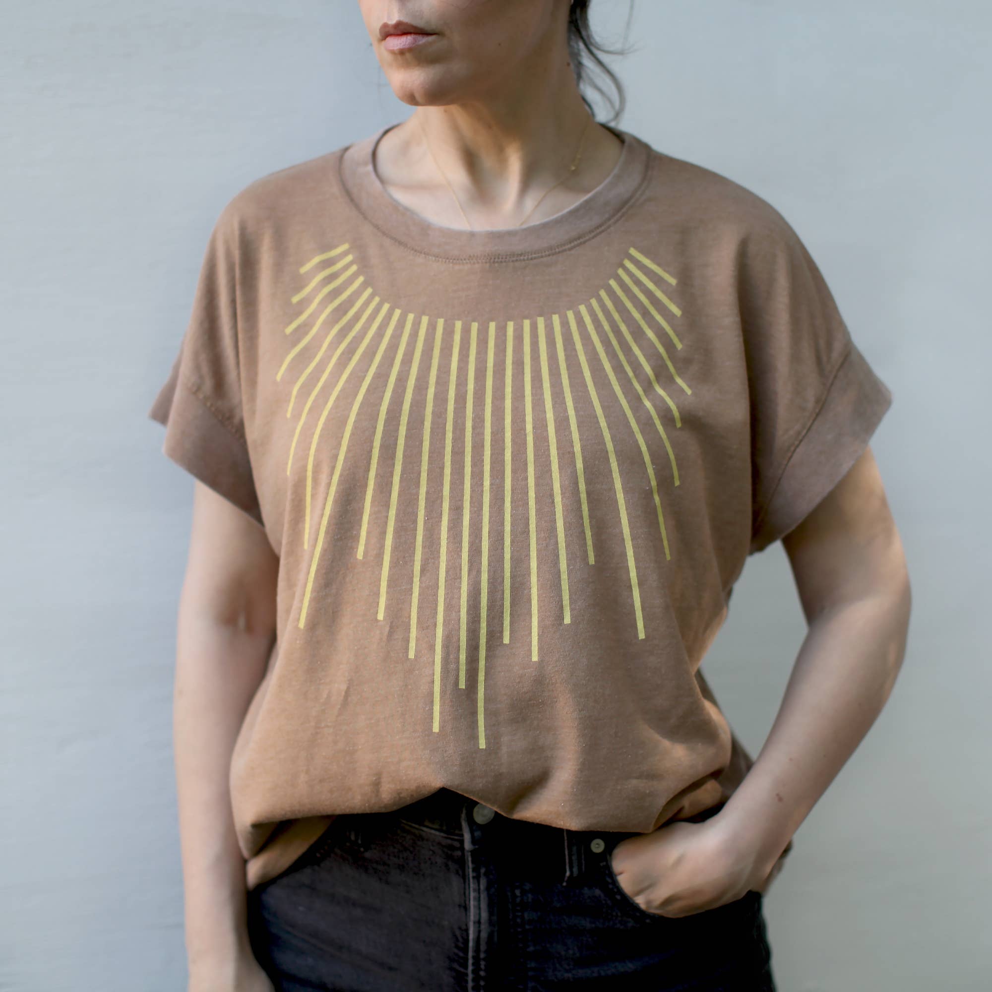 Blackbird Supply Co. – wholesale Screen printed t-shirt – Women′s – Sun Salutation Sun Rays Loose Fit Boxy Tee Yoga Shirt Brown5