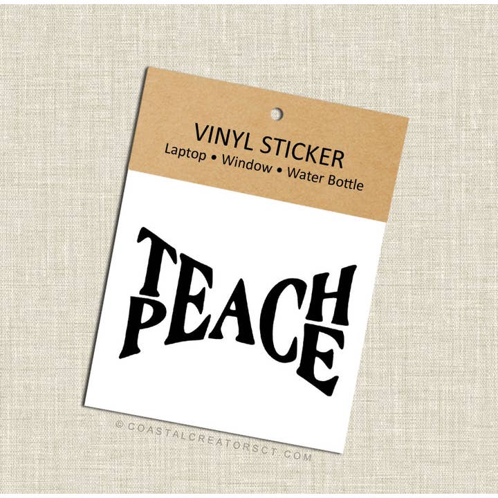 Teach Peace Black Vinyl Laptop Transfer Sticker, Packaged for wholesale by Coastal Creators of Connecticut