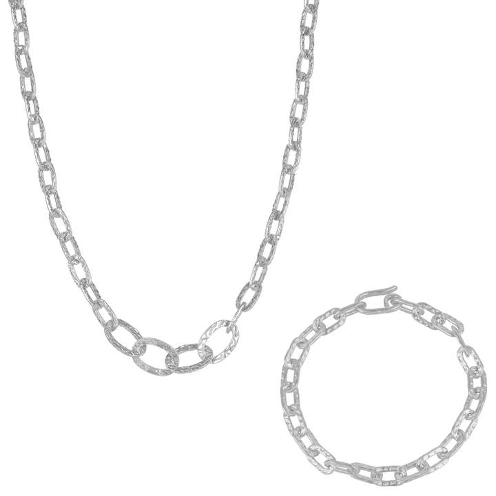 Ancient Allure Textured Silver Link Necklace and Bracelet Set for wholesale by Mejoma
