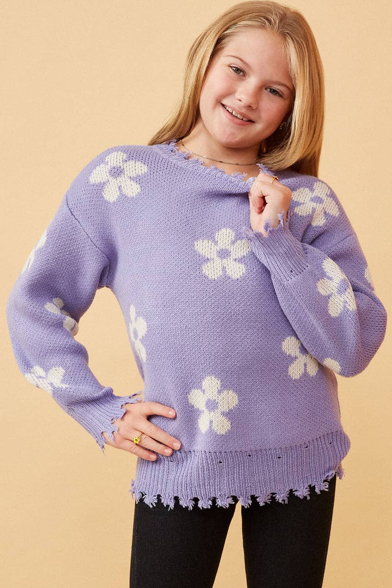 Hayden LA - Wholesale Knit Sweater - Kids - Girls Distressed Floral Patterned Pullover Sweater1