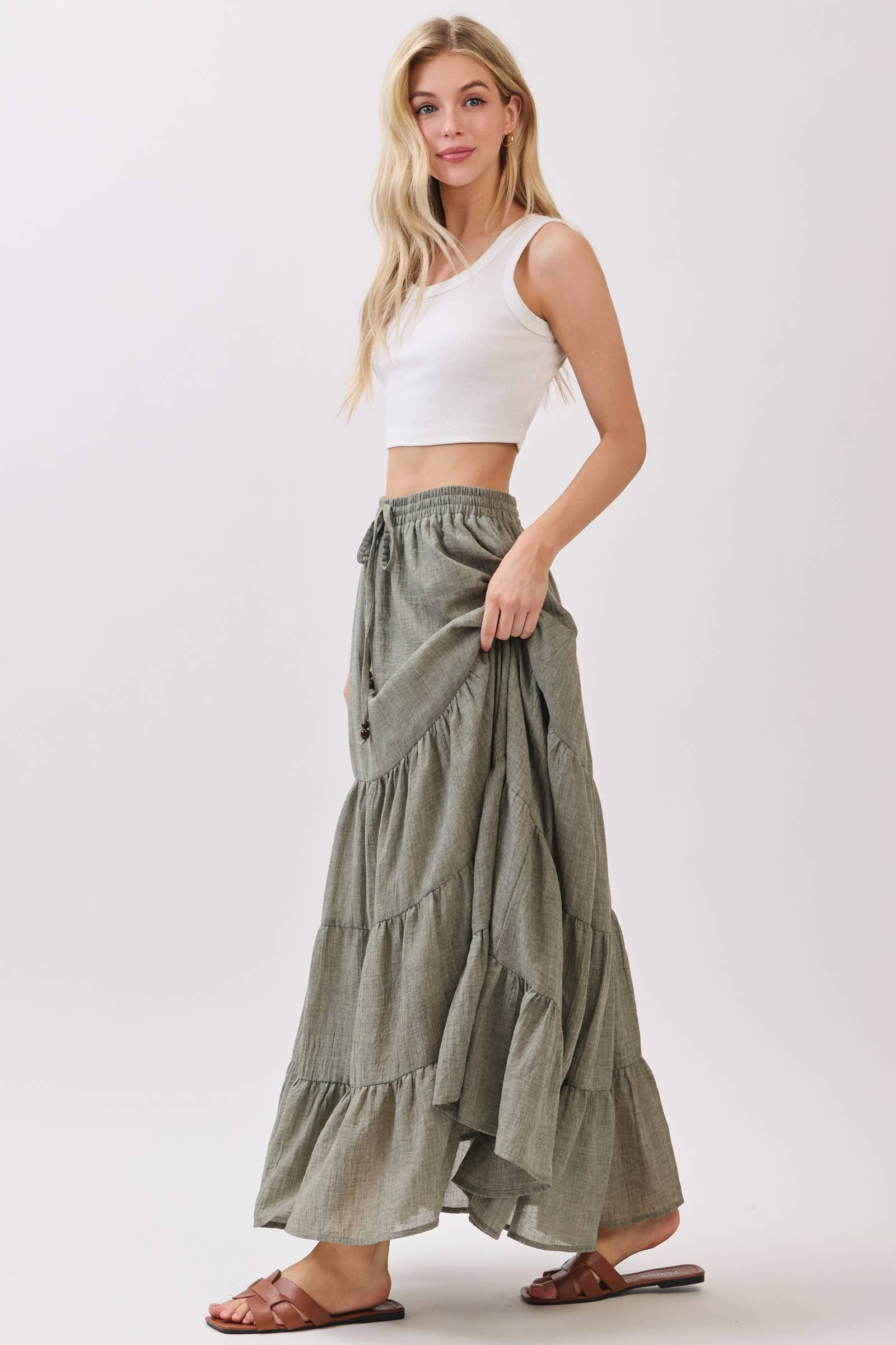 Final Touch - Wholesale Skirt - Women's - Tiered Coconut Tie Detail Maxi Skirt - VS300917