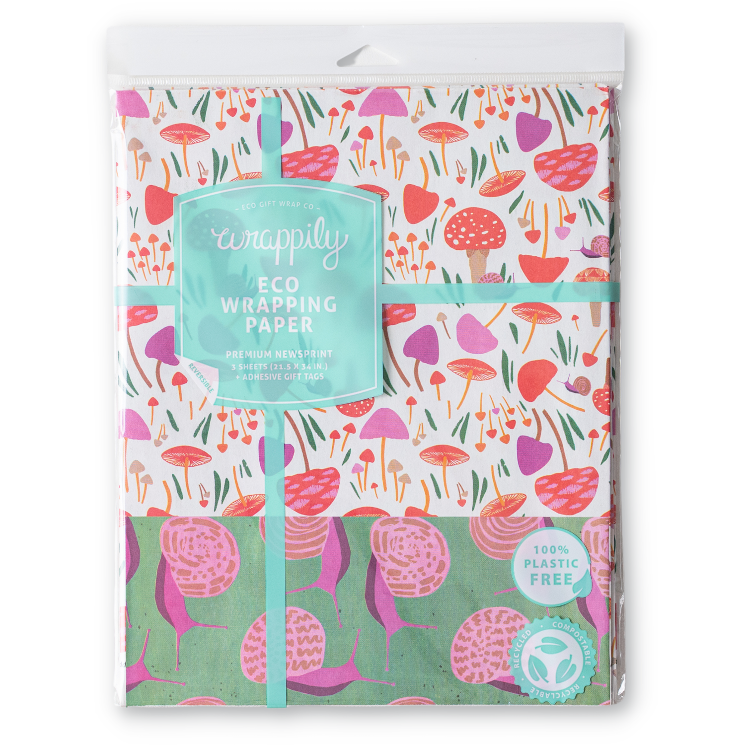 Wrappily Eco Gift Wrap Co. - Wholesale Inpakpapier - Paddenstoelen/slakken • Dubbelzijdig eco-inpakpapier voor dagelijks gebruik1