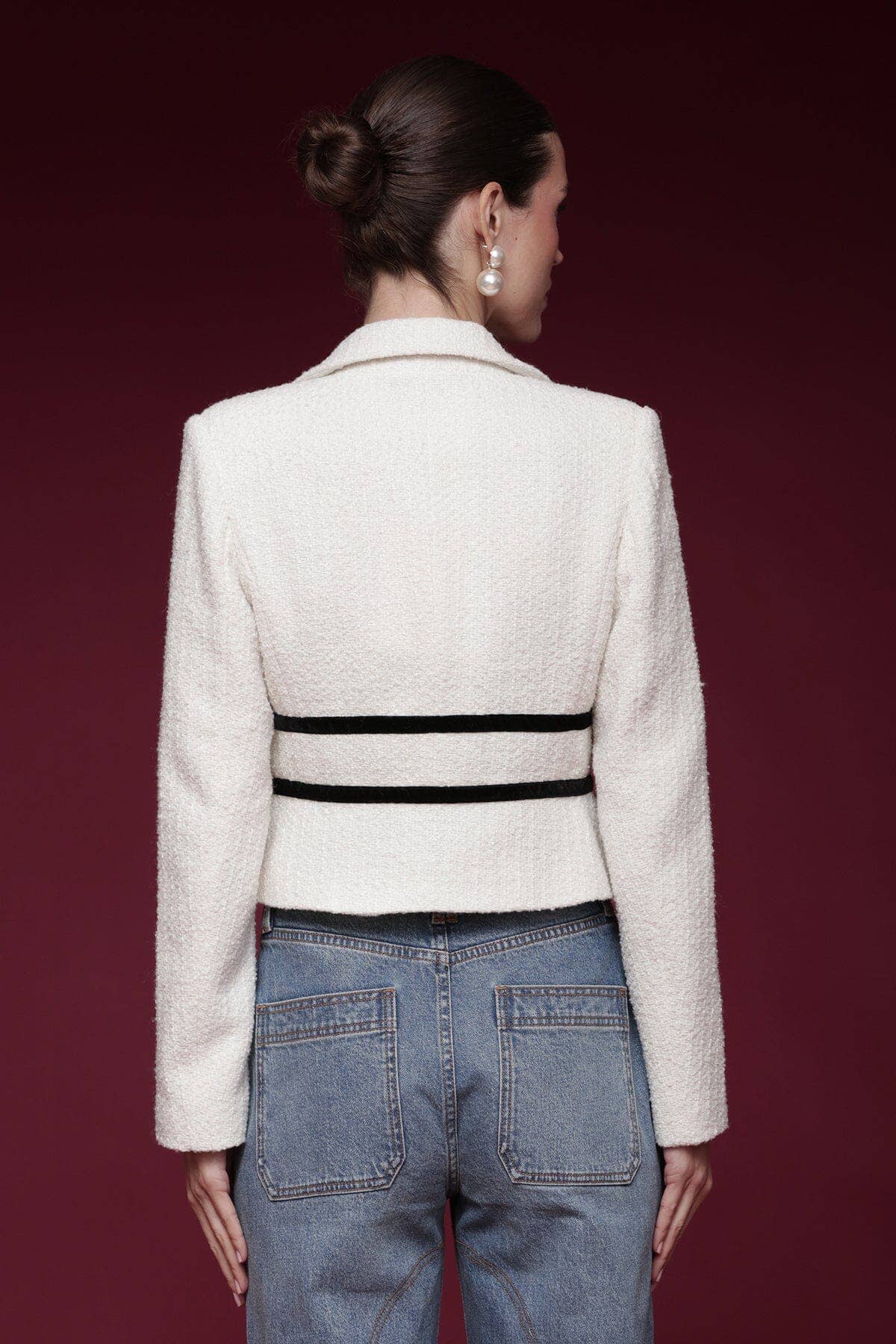 Ivory Black Velvet Bow Trim Tweed Jacket for wholesale on Faire2