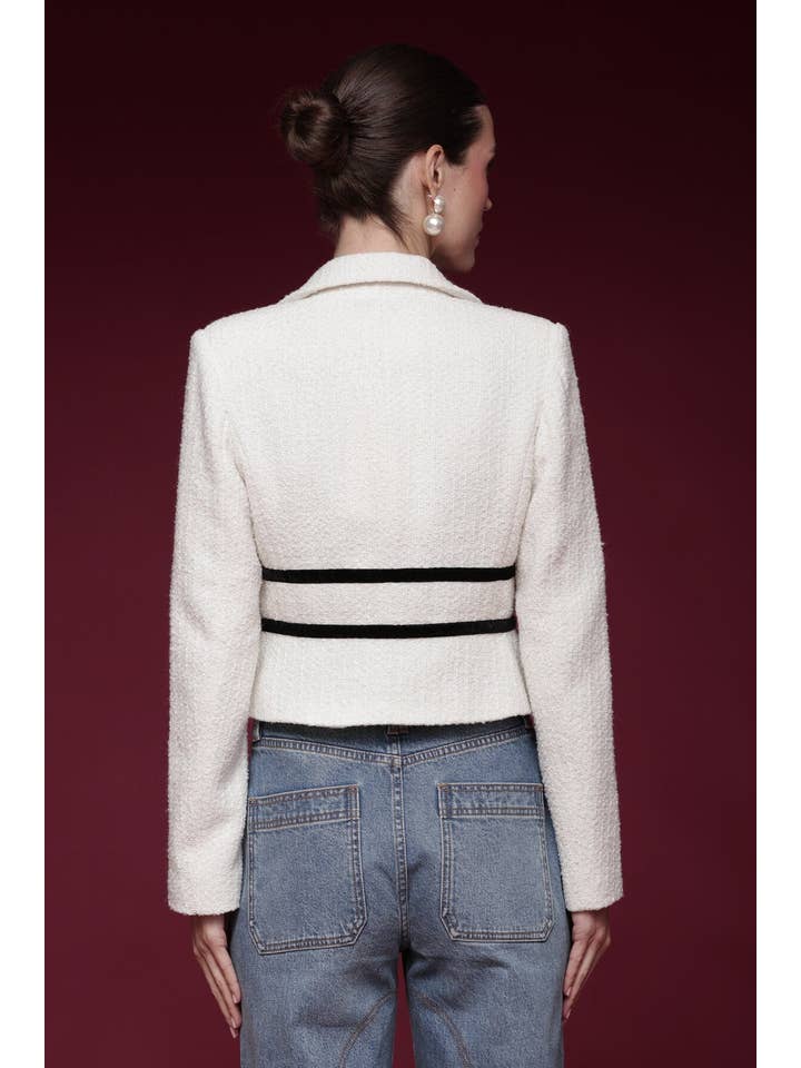 Ivory Black Velvet Bow Trim Tweed Jacket for wholesale on Faire2
