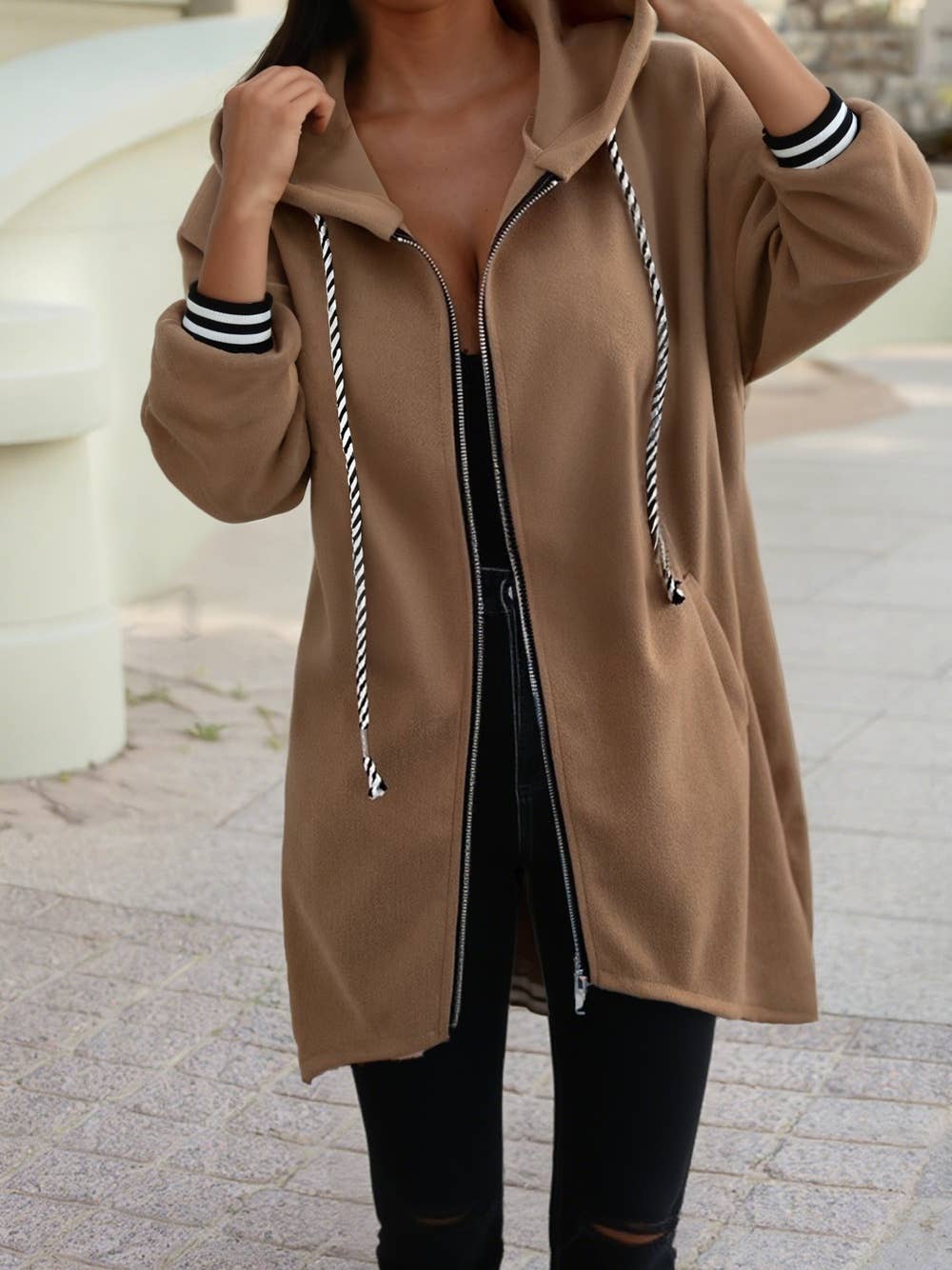 1 the Woman - Wholesale Hoodie - Women's - Contrast Cuffed Drawstring Hooded Zip Up Sweatshirt2