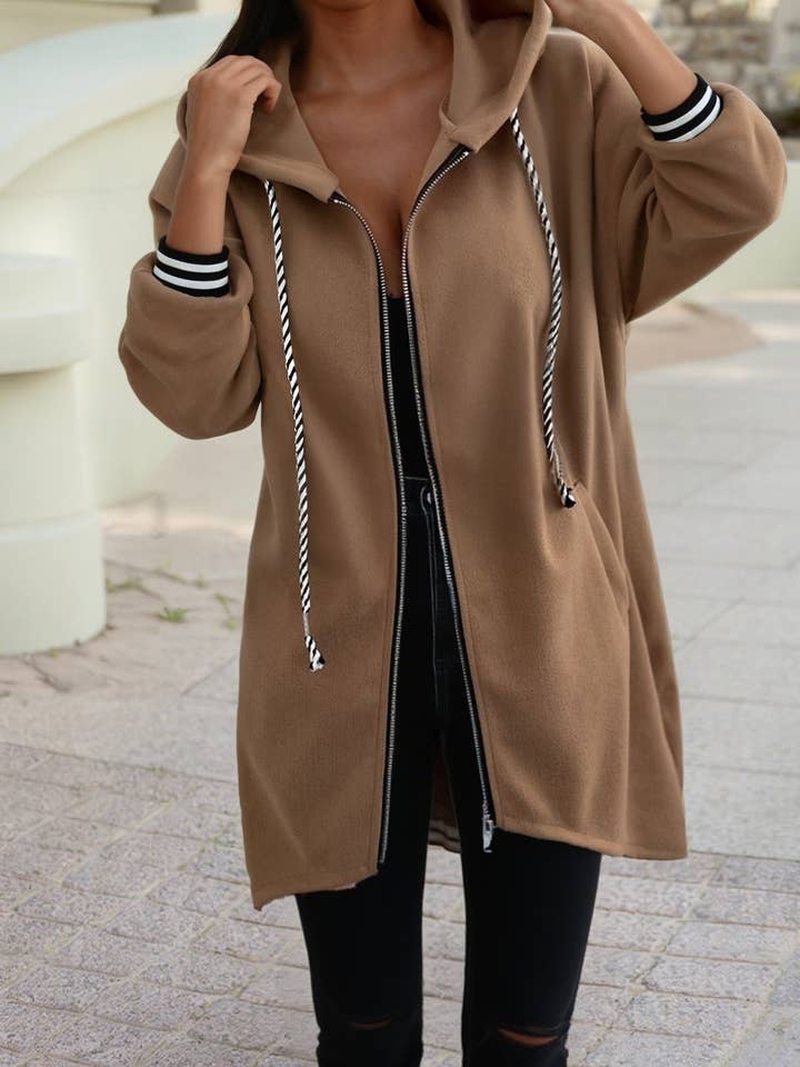 1 the Woman - Wholesale Hoodie - Women's - Contrast Cuffed Drawstring Hooded Zip Up Sweatshirt2