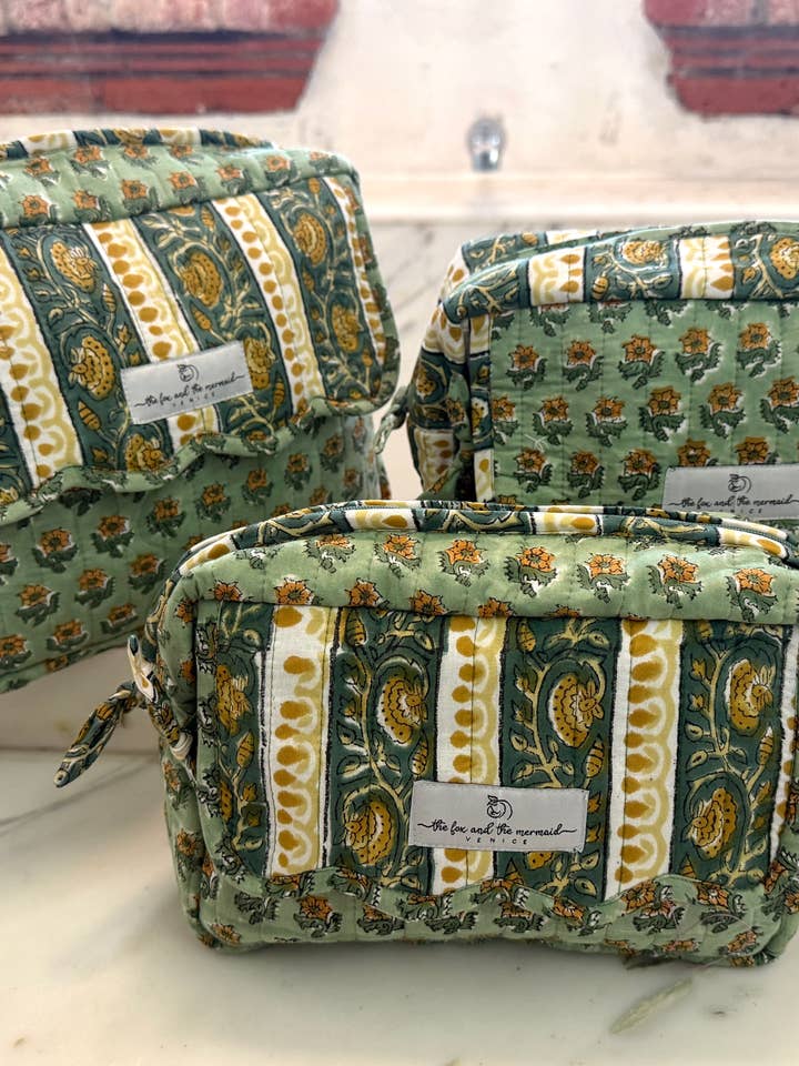 Set of 3 Hand Block Printed Cosmetic and Toiletry Bags for wholesale by The Fox and The Mermaid