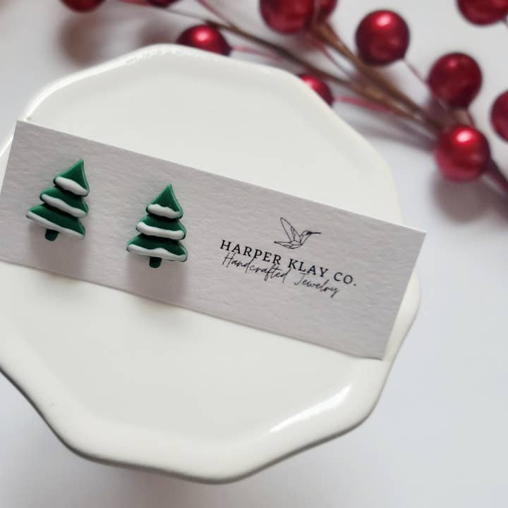 The Snowy Tree Studs- Christmas Polymer Clay Earrings for wholesale by Harper Klay Co