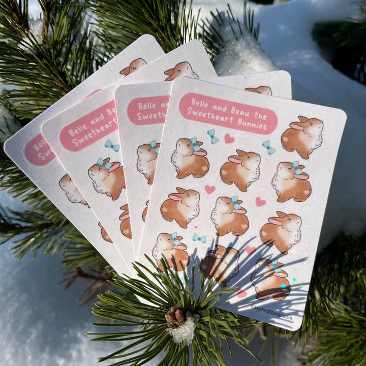 Kitty and Corgi and Friends LLC - Vente Autocollant - Belle et Beau les Lapins Amoureux Feuille d'Autocollants Holographiques