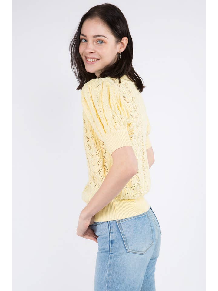 Whiteroom+Cactus – Großhandel Strickpullover – Damen – Spring Strukturierter Pullover mit Puffärmeln - Baby Gelb