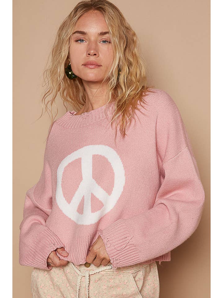 Pol Clothing - Wholesale Knit Sweater - Women's - Round neck long sleeve peace sign solid sweater SALE