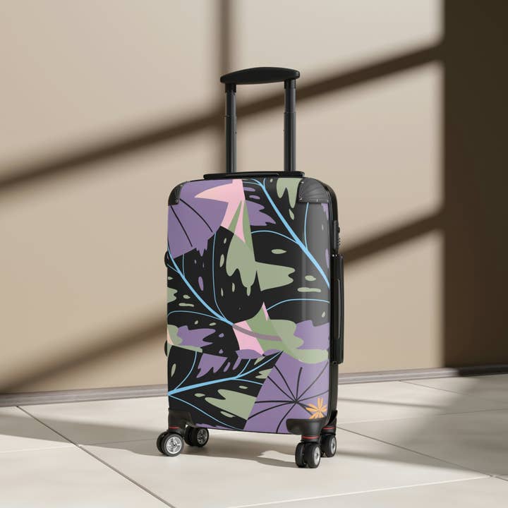 Black Lavender Jungle Collection Suitcase, Custom Designed Tropical Art Suitcase for wholesale on Faire