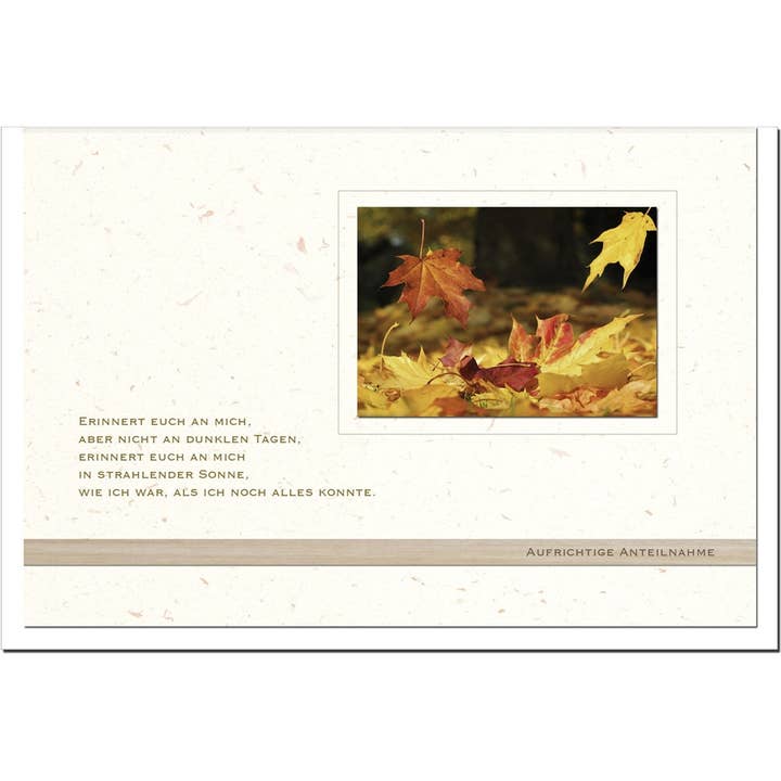 metALUm Sympathy Card B6 Landscape – Autumn Leaves – "Remember Me in Radiant Sun" for wholesale by metALUm