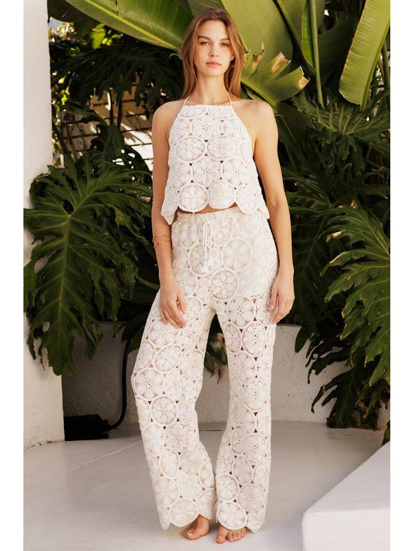 TONE LINEN Floral Crochet Halter Top & Crochet Pants for wholesale on Faire