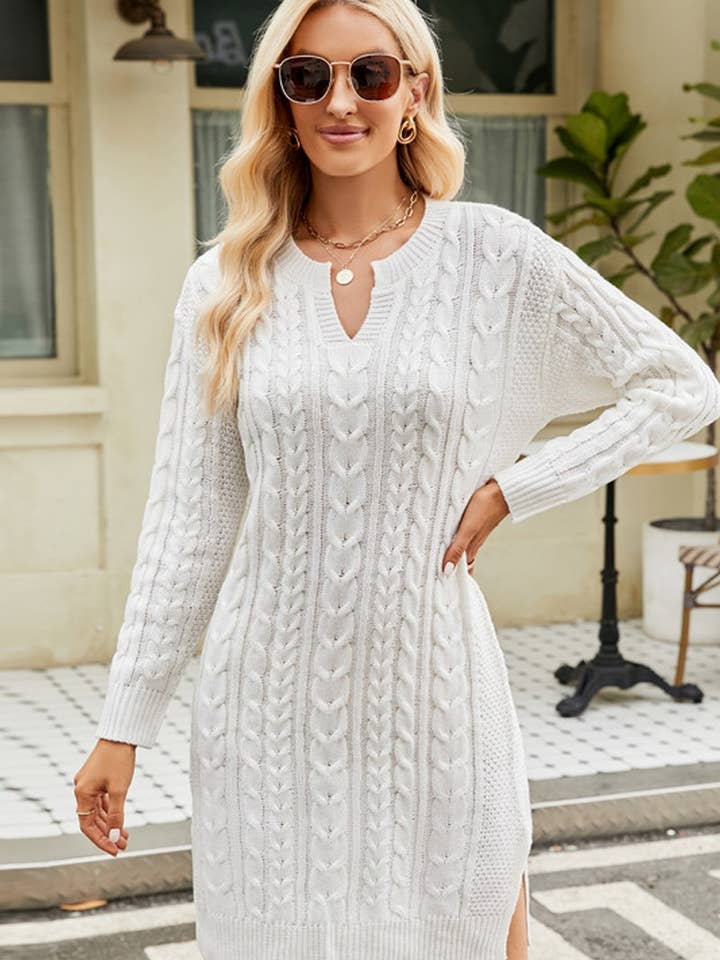 Lily Clothing - Wholesale Dress - Women's - LONG SLEEVE V NECK TWO SIDE SLIT SWEATER DRESS_CWDSD16962