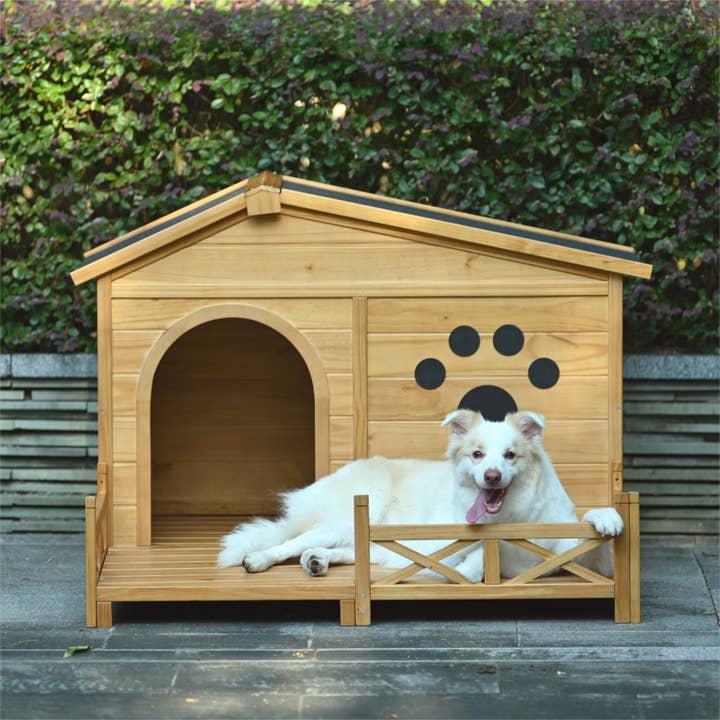 Natural Wooden Dog House with Porch, Water-Resistant Roof & Fencing for wholesale on Faire2
