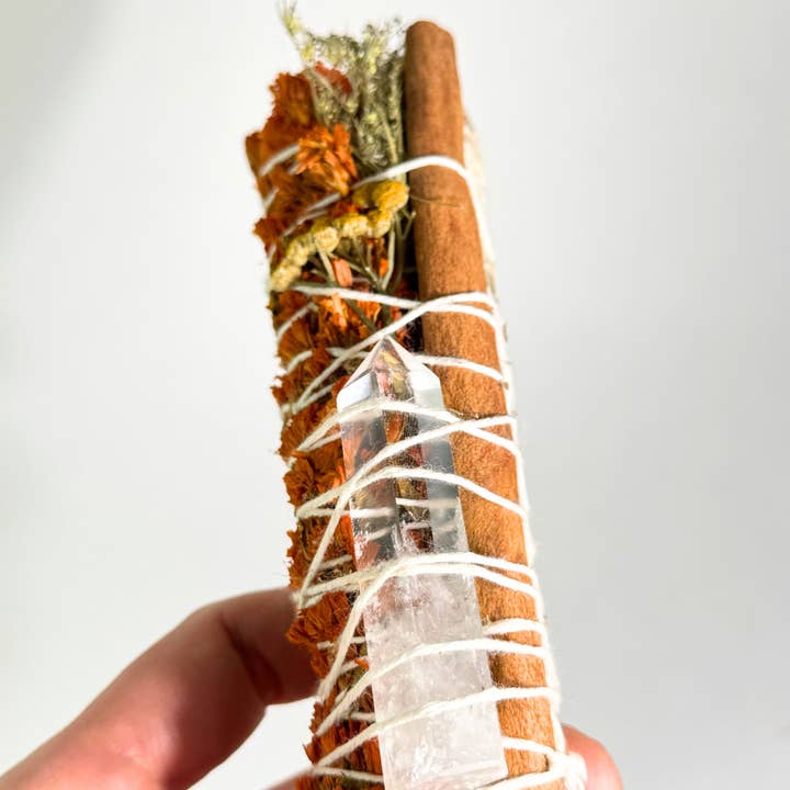 ✨ Clear Quartz Cinnamon Smudge Stick – 6” Sage Bundle for wholesale by Sow the Magic
