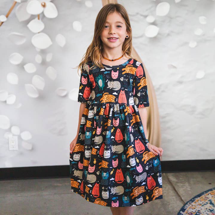 Navy Cat Dress for wholesale by Peanut and Bumble