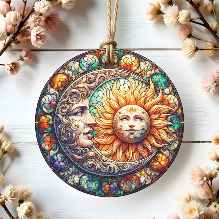 Ornement Lune & Soleil, Vitrail Imprimé, Maison Bohème, 2D pour la vente par Fernville Creations