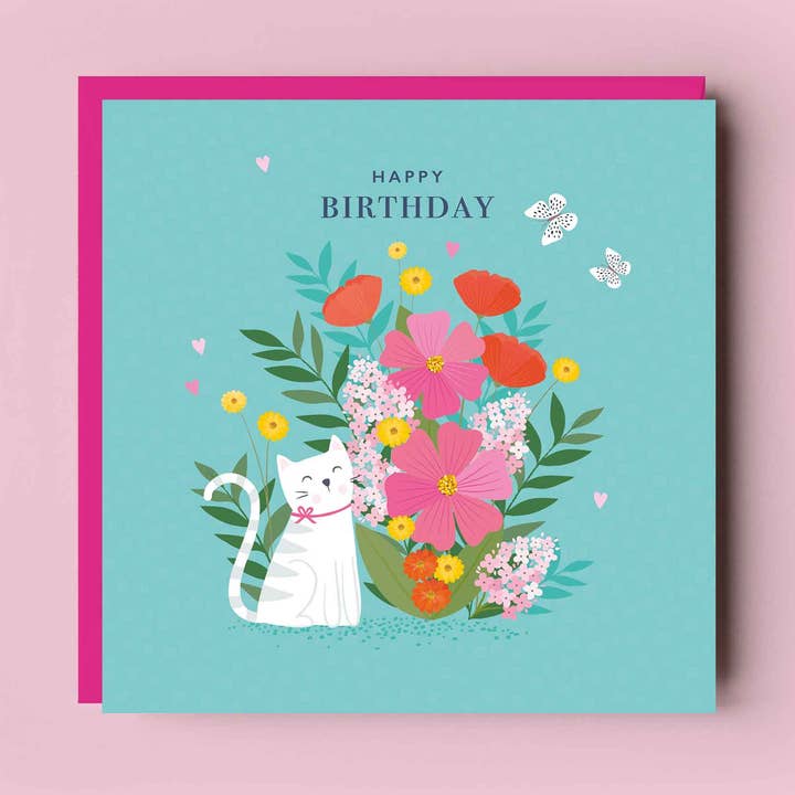 Tillykke med fødselsdagen kattekort | Smuk kat med blomster for engroshandel hos Klara Hawkins