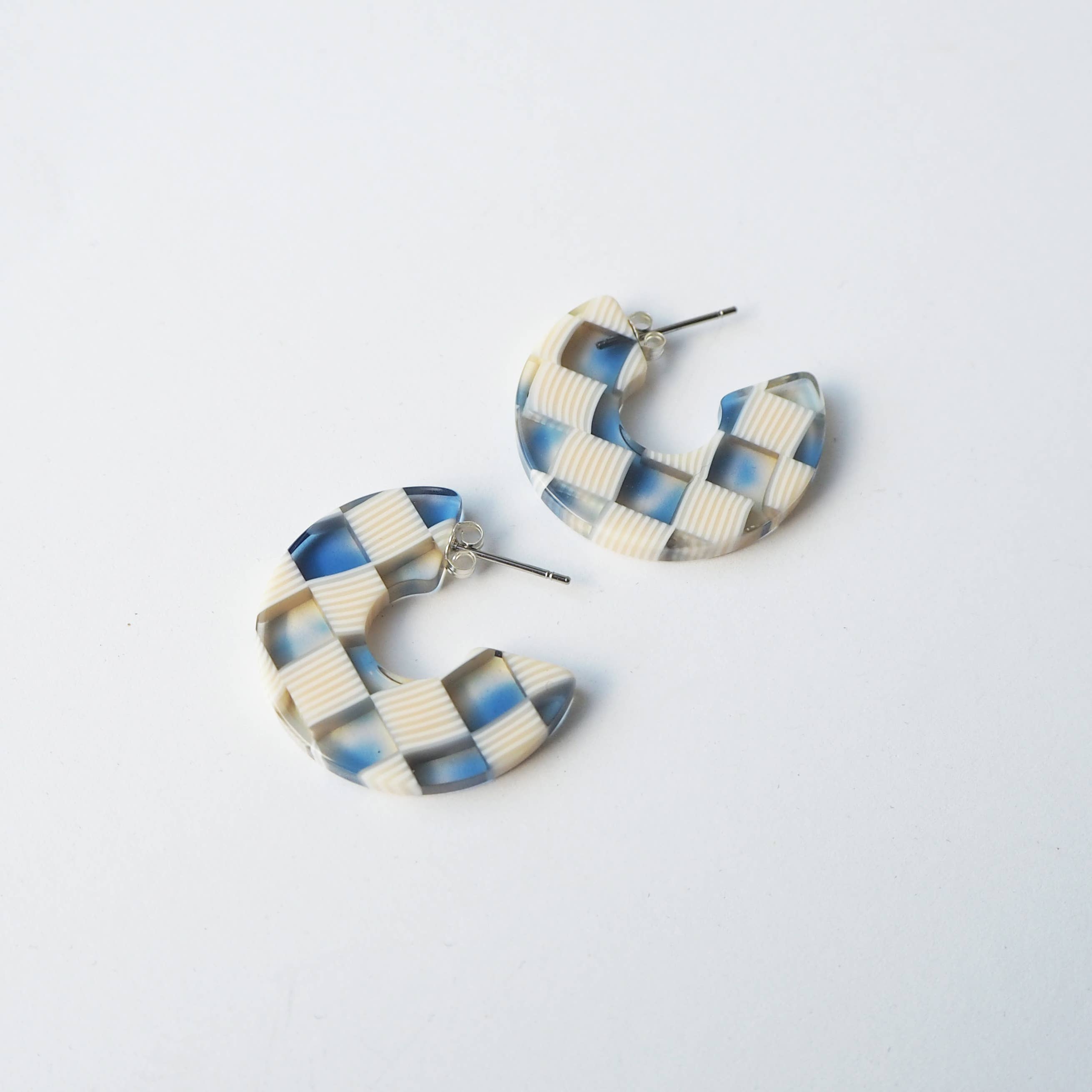 Custom Made - Wholesale Hoop Earrings - Ocean Checker Statement Acetate Resin Hoop Earrings blue1