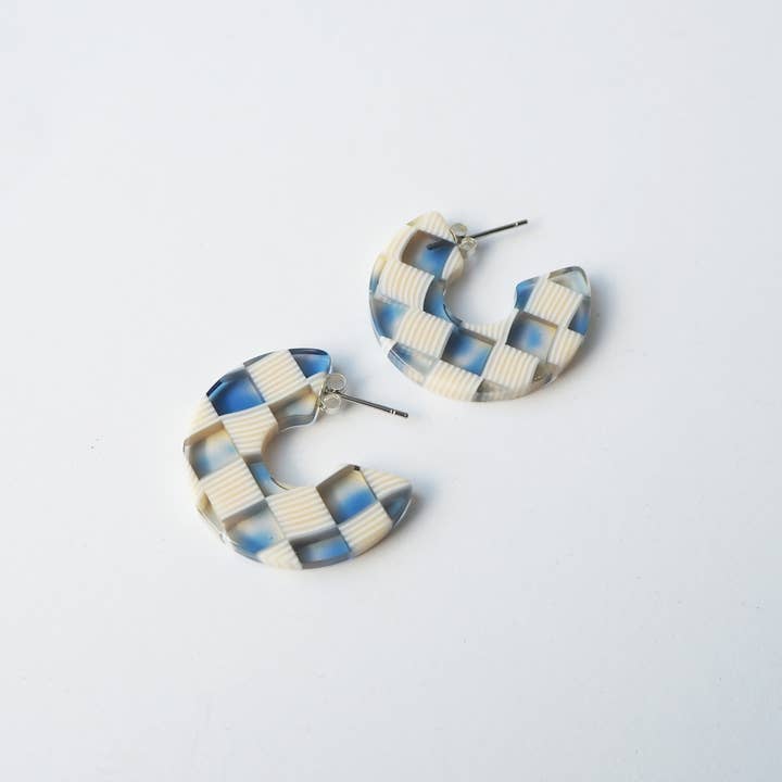 Custom Made - Wholesale Hoop Earrings - Ocean Checker Statement Acetate Resin Hoop Earrings blue1