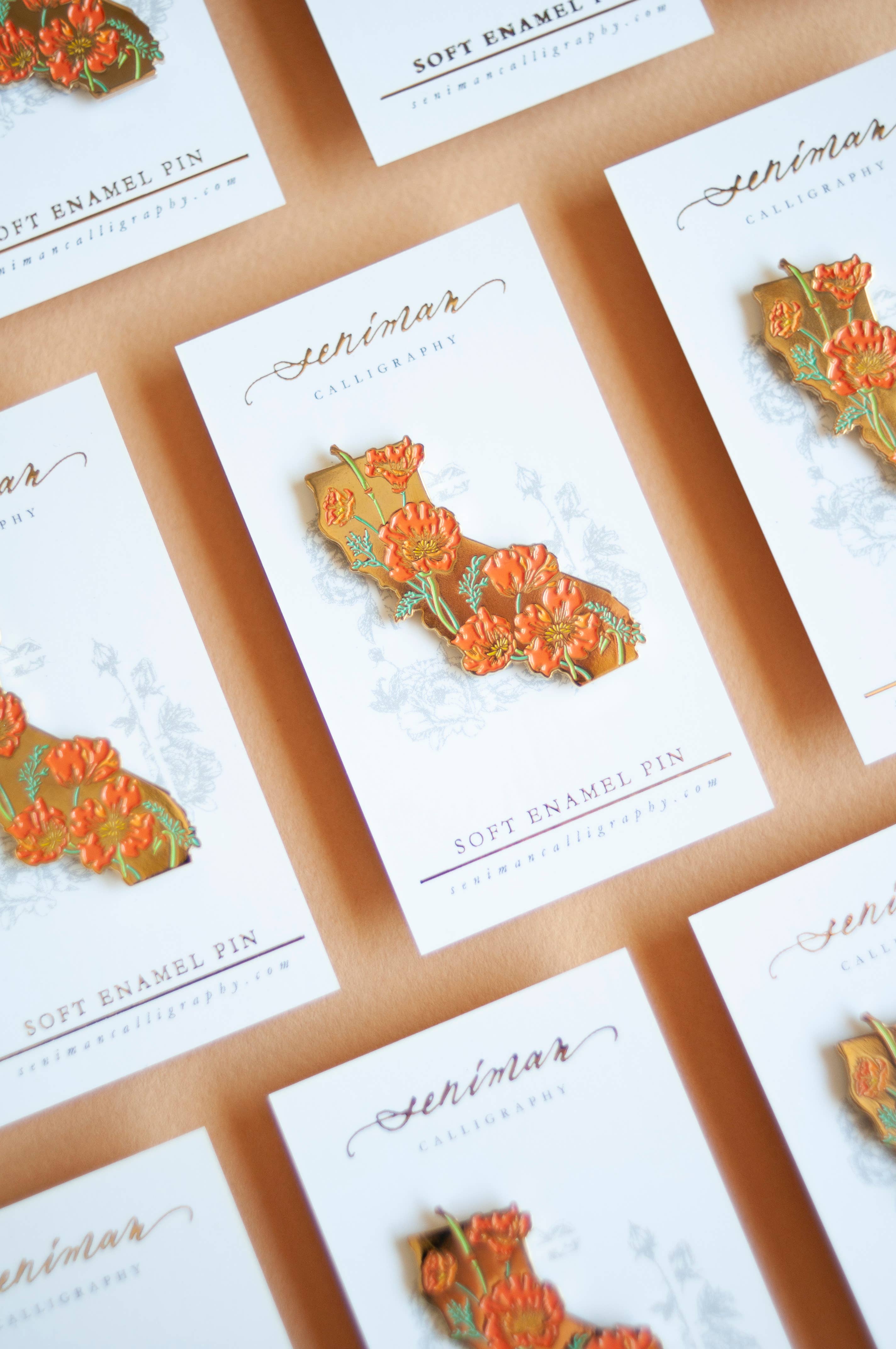Seniman Calligraphy - Wholesale Lapel Pin/Button - California Poppy Gold Enamel Pin4