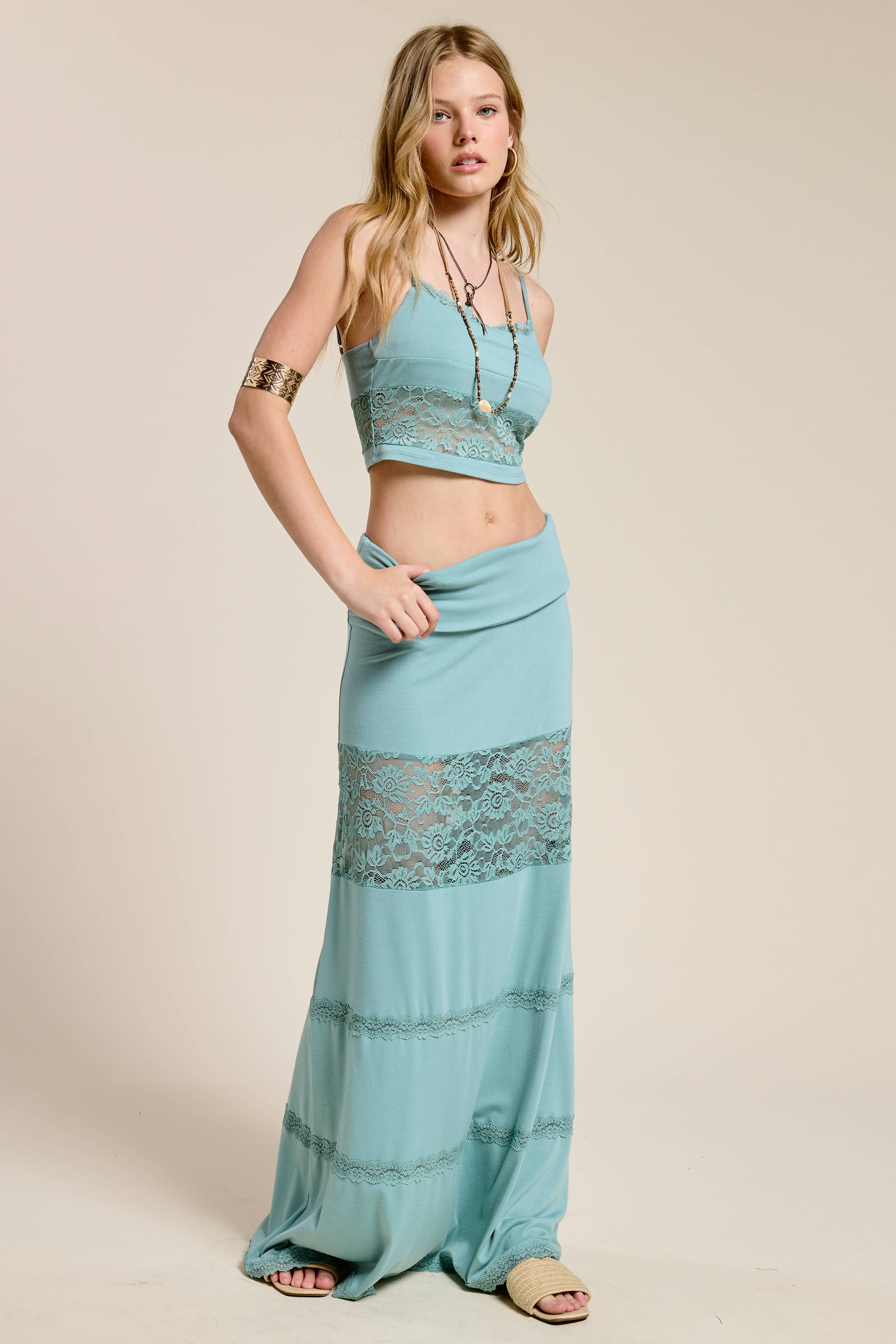 Mimosa - Wholesale Top & Skirt Set - Women's - Lace Contrast Cami and Fold over Maxi Skirt Set6