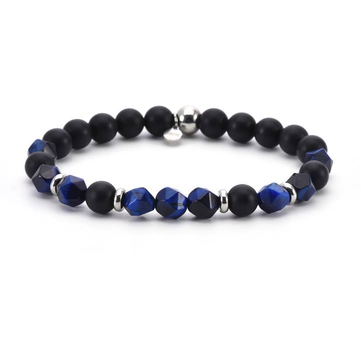 Bracelet acier pierres naturelles perles noir et lapis pour la vente par SIXTY STONES